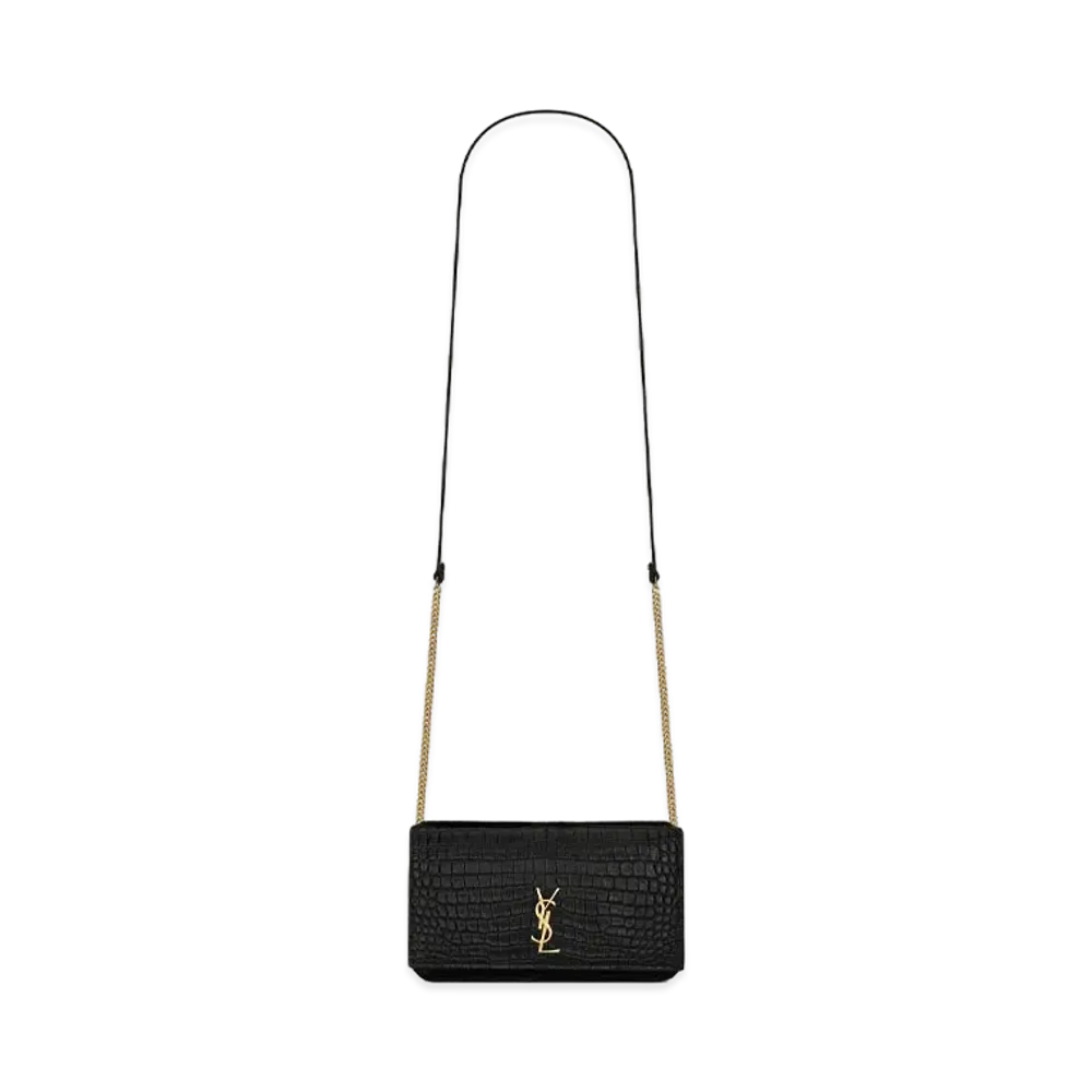 SAINT LAURENT Monogram Phone Holder With Strap In Shiny Crocodile-Embossed Leather "Black"