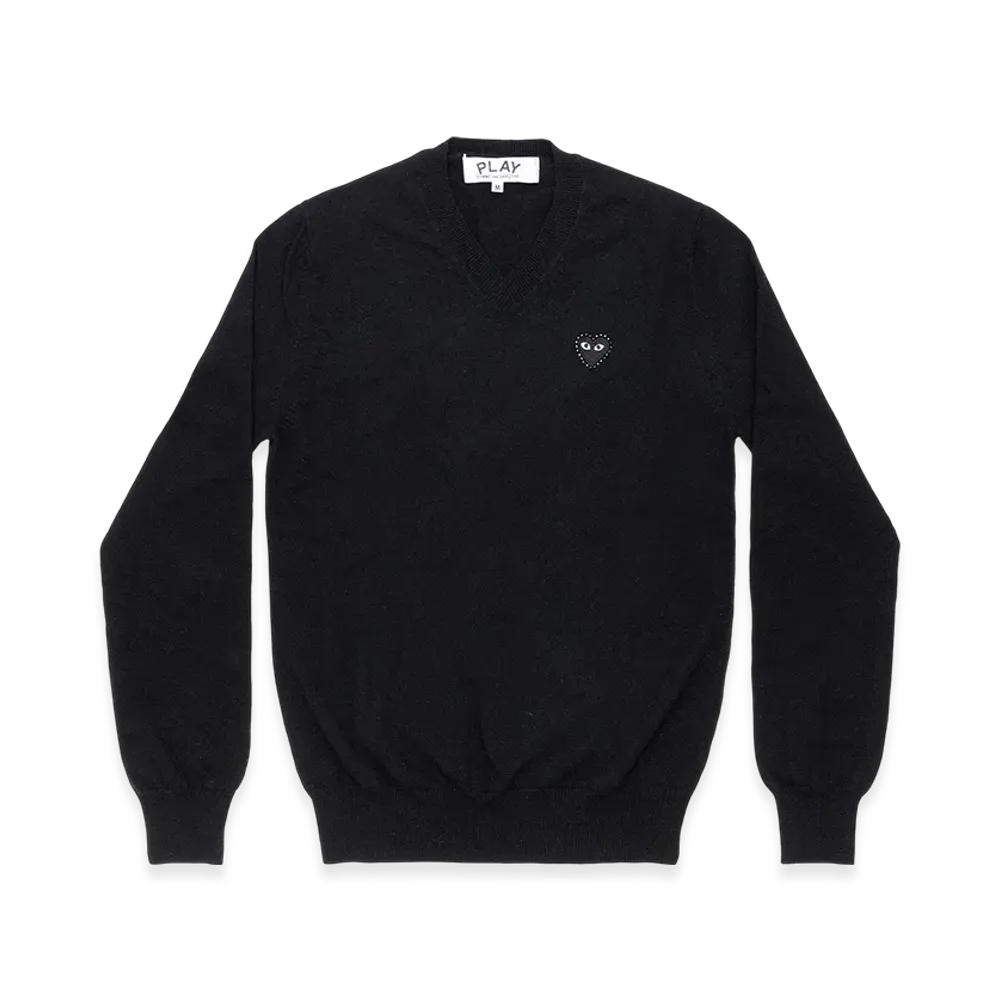 PLAY COMME des GARCONS Unisex V-Neck Sweater with Emblem x Rhinestone "Black"