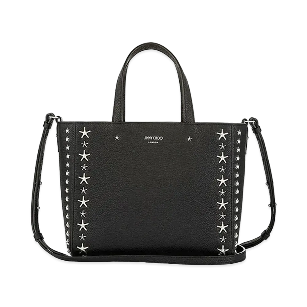 Jimmy Choo Pegasi/S Tote Soft Grainy Calf Leather Tote Handbag With Star Studs "Silver/Black"
