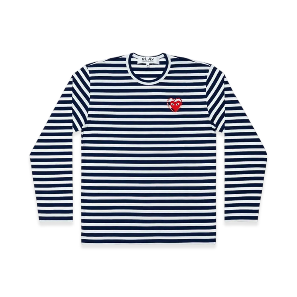 PLAY COMME des GARCONS Unisex Border Long Sleeve T-Shirt Red Emblem X Rhinestone "Navy/White"