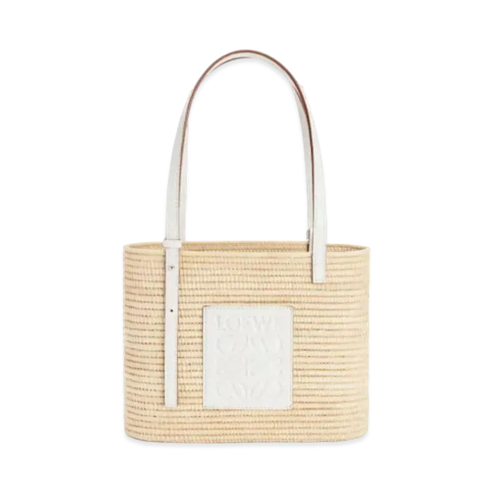 LOEWE Square Basket Bag Small In Raffia And Calfskin "Natural/White"