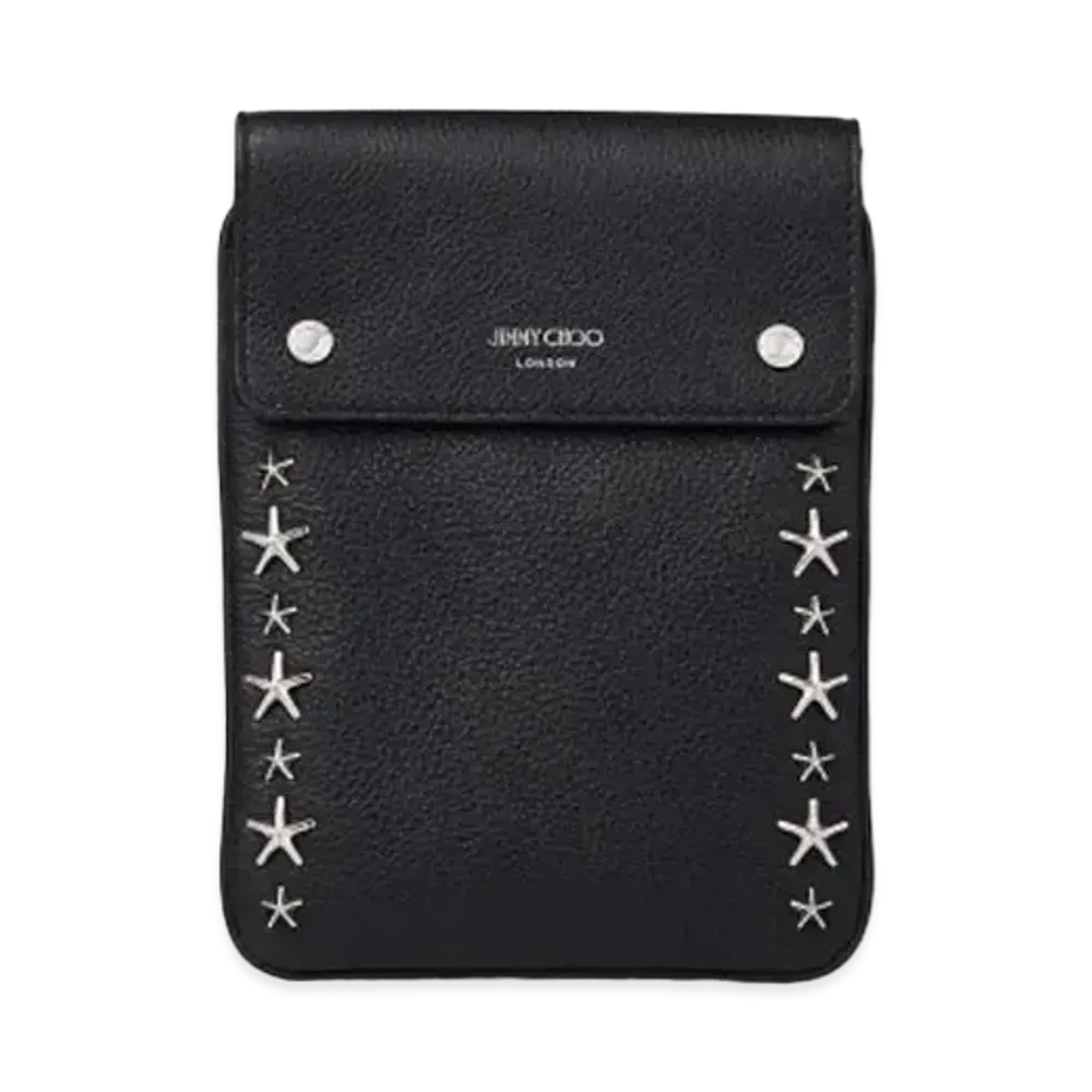 JIMMY CHOO KIMI MESSANGER Soft Grainy Curf Leather Bag With Silver Star Studs "Black"