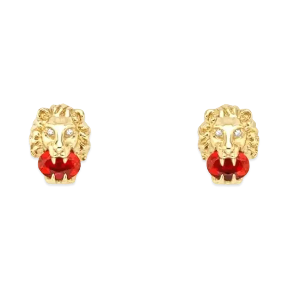 GUCCI Yellow Gold Lion Head Earrings "Red"