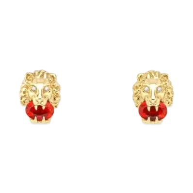 GUCCI Yellow Gold Lion Head Earrings "Red"