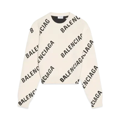 BALENCIAGA Allover Logo Crewneck Cotton Knit "White"
