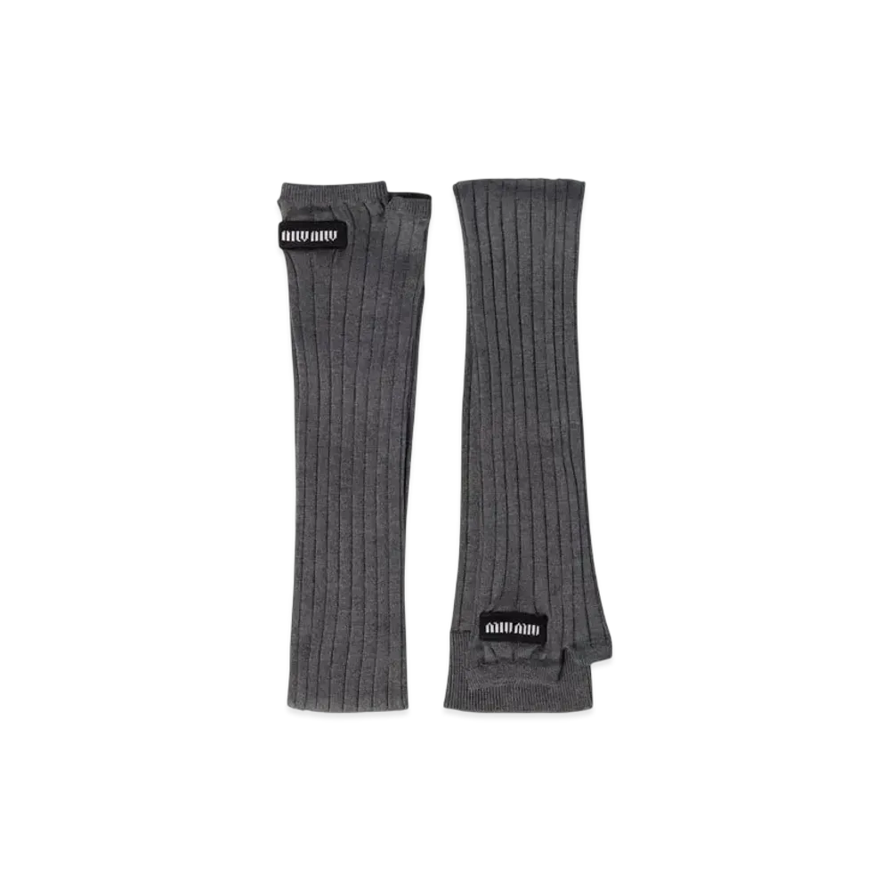 MIUMIU Ribbed Knit Silk Fingerless Gloves "Gray"