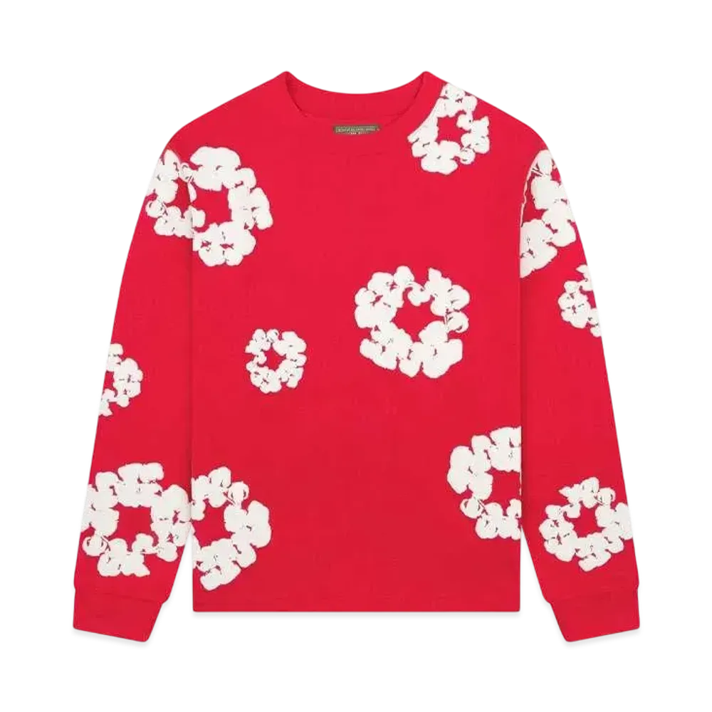 デニムティアーズ ロングスリーブ コットン リース Tシャツ "レッド"