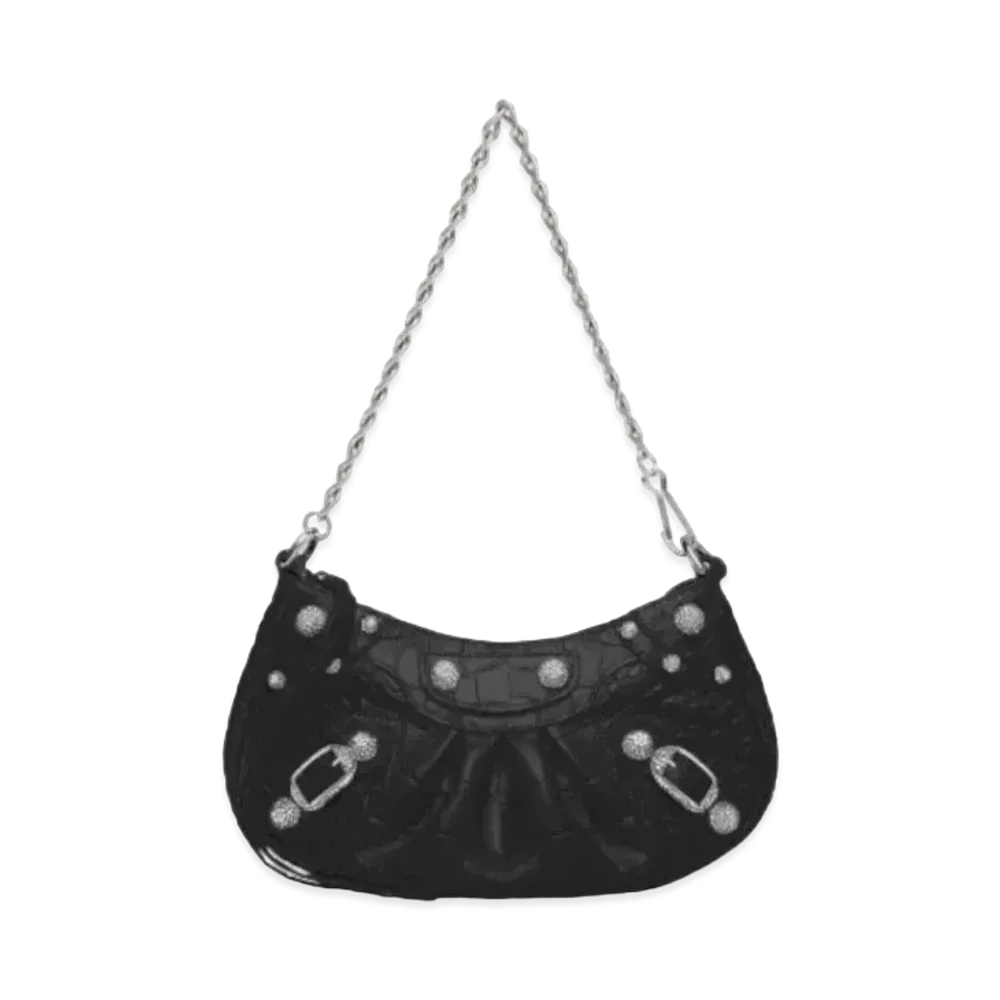 BALENCIAGA Le Cagole Mini Purse With Chain Crocodile Embossed With Rhinestones "Black"