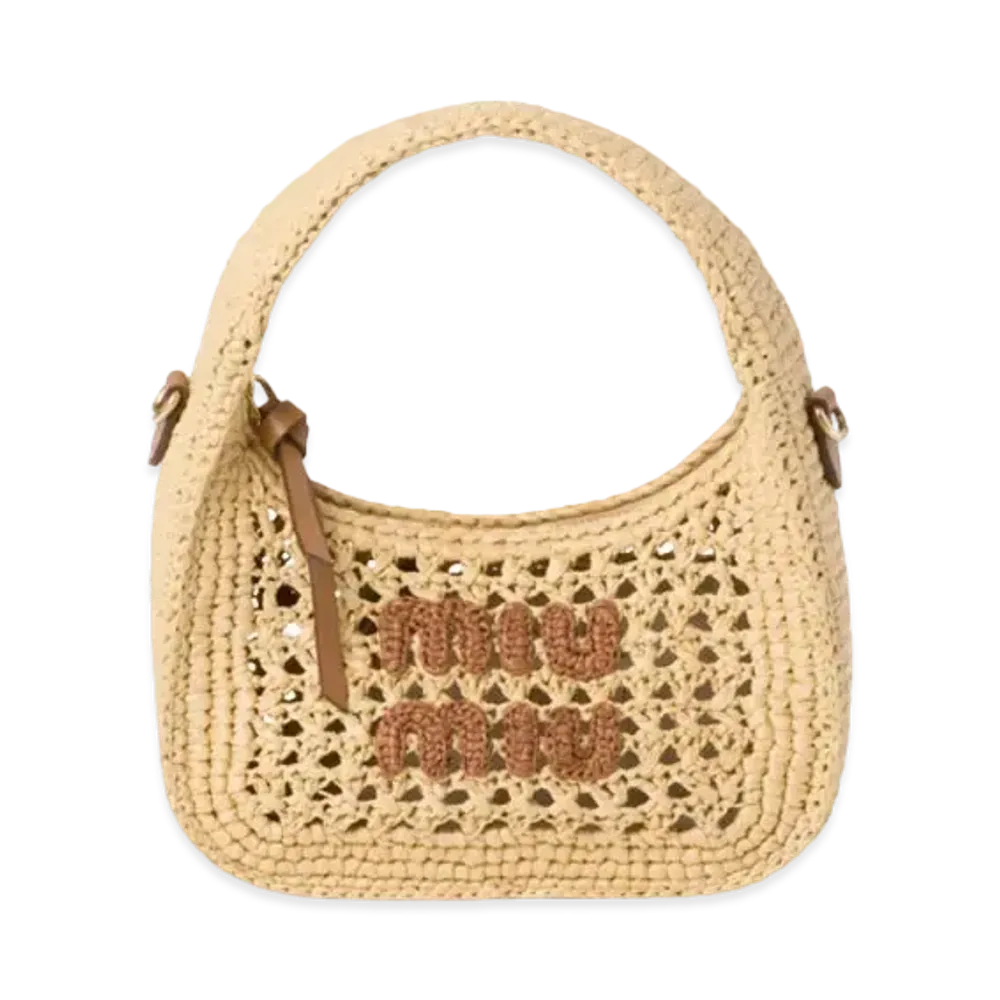 MIUMIU Wander Woven Fabric Hobo Bag "Beige/Cognac"