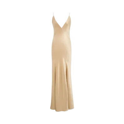 Saint Laurent Women's V-Neck Dress in Silk Satin "Beige"