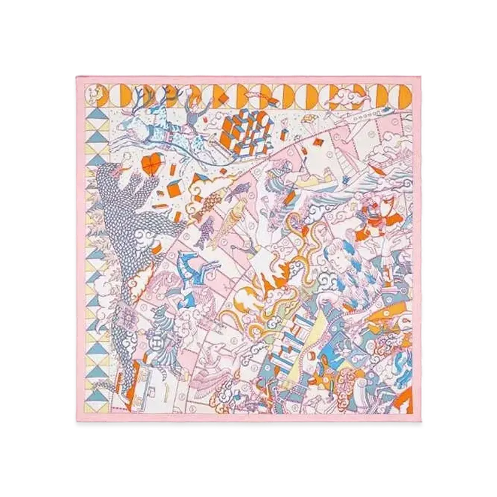 Hermes L'Epopee D'Hermes Detail Scarf 70 "Rose Buvard/Orange/Bleu"