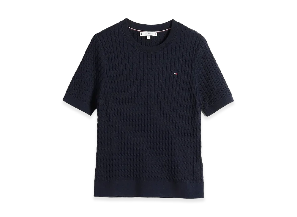 TOMMY HILFIGER Women's Cotton Cable Fine Gauge Crewneck S/S Sweater "Navy"