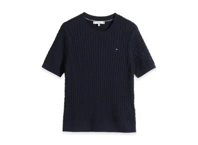 TOMMY HILFIGER Women's Cotton Cable Fine Gauge Crewneck S/S Sweater "Navy"