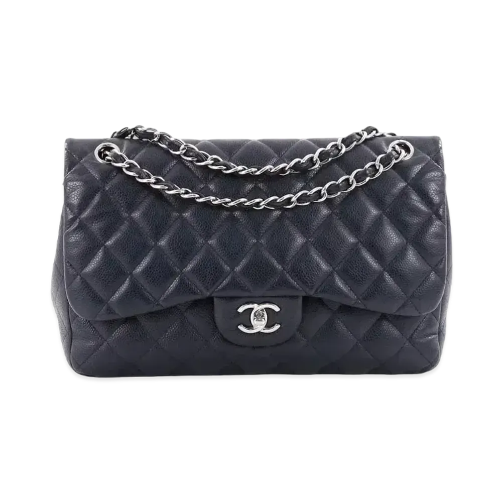 CHANEL Deca Matelasse Classic Double Flap Caviarskin "Navy/Silver"