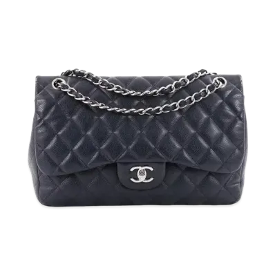 CHANEL Deca Matelasse Classic Double Flap Caviarskin "Navy/Silver"