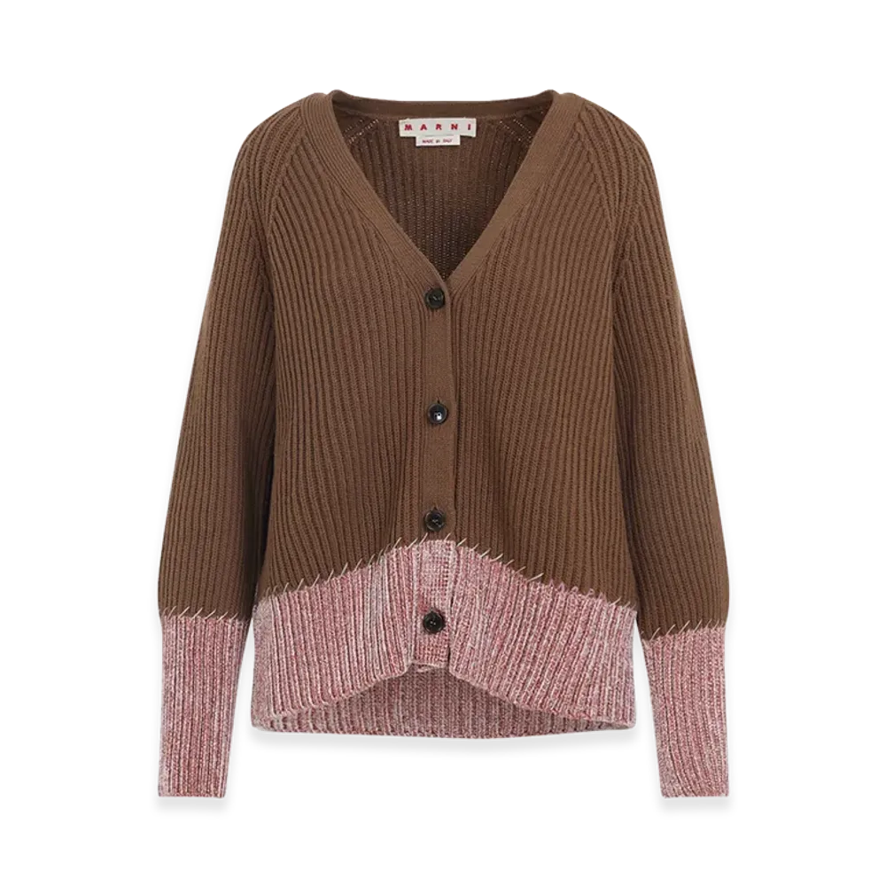 MARNI Women's V Neck Bicolor Cardigan "Brown"