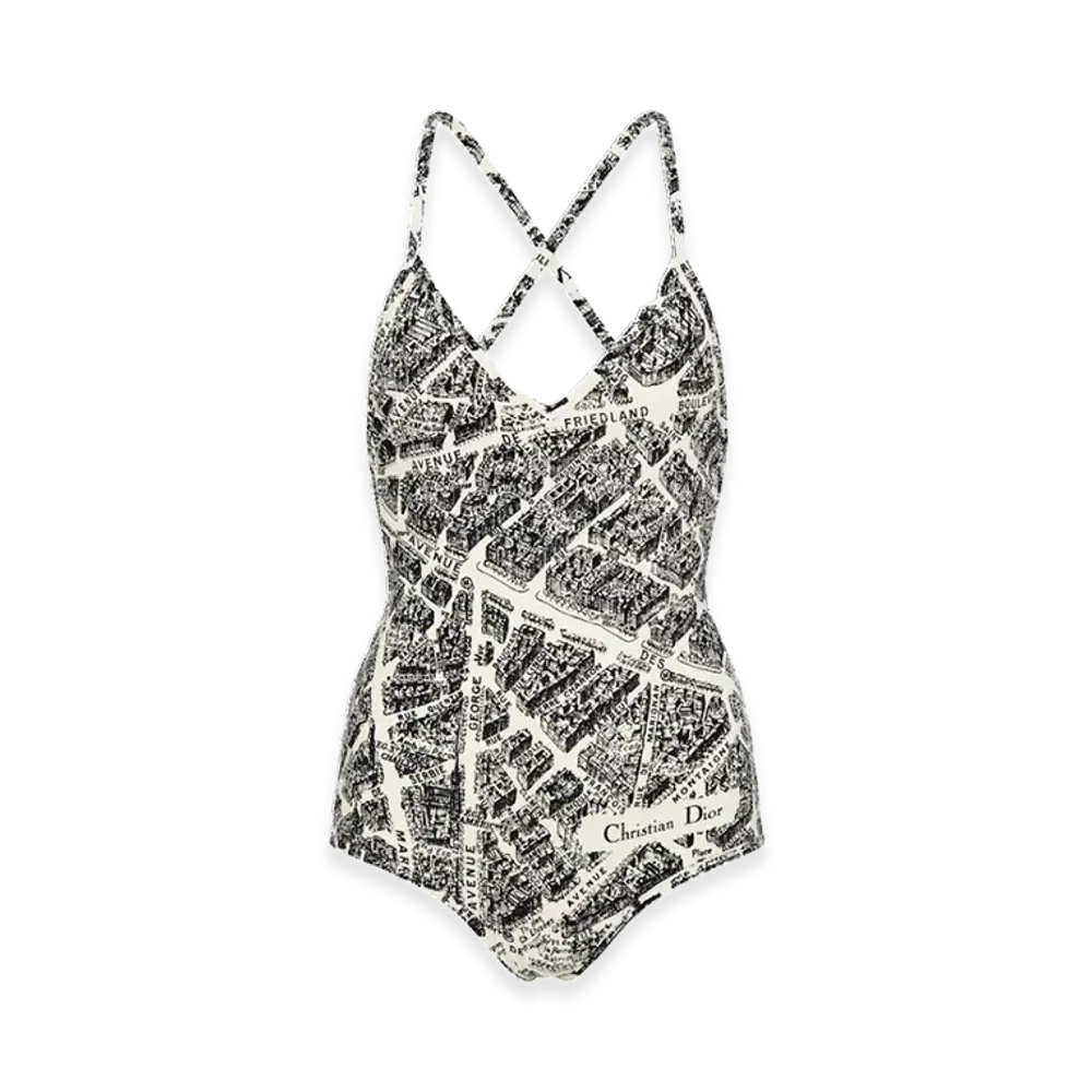 Dior Women's One-Piece Swimsuit with Plan de Paris Motif "White/Black"