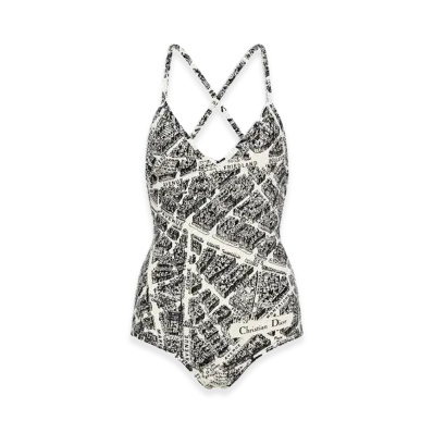 Dior Women's One-Piece Swimsuit with Plan de Paris Motif "White/Black"