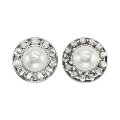 GUCCI Interlocking G Pearl & Crystal Earrings "Silver "