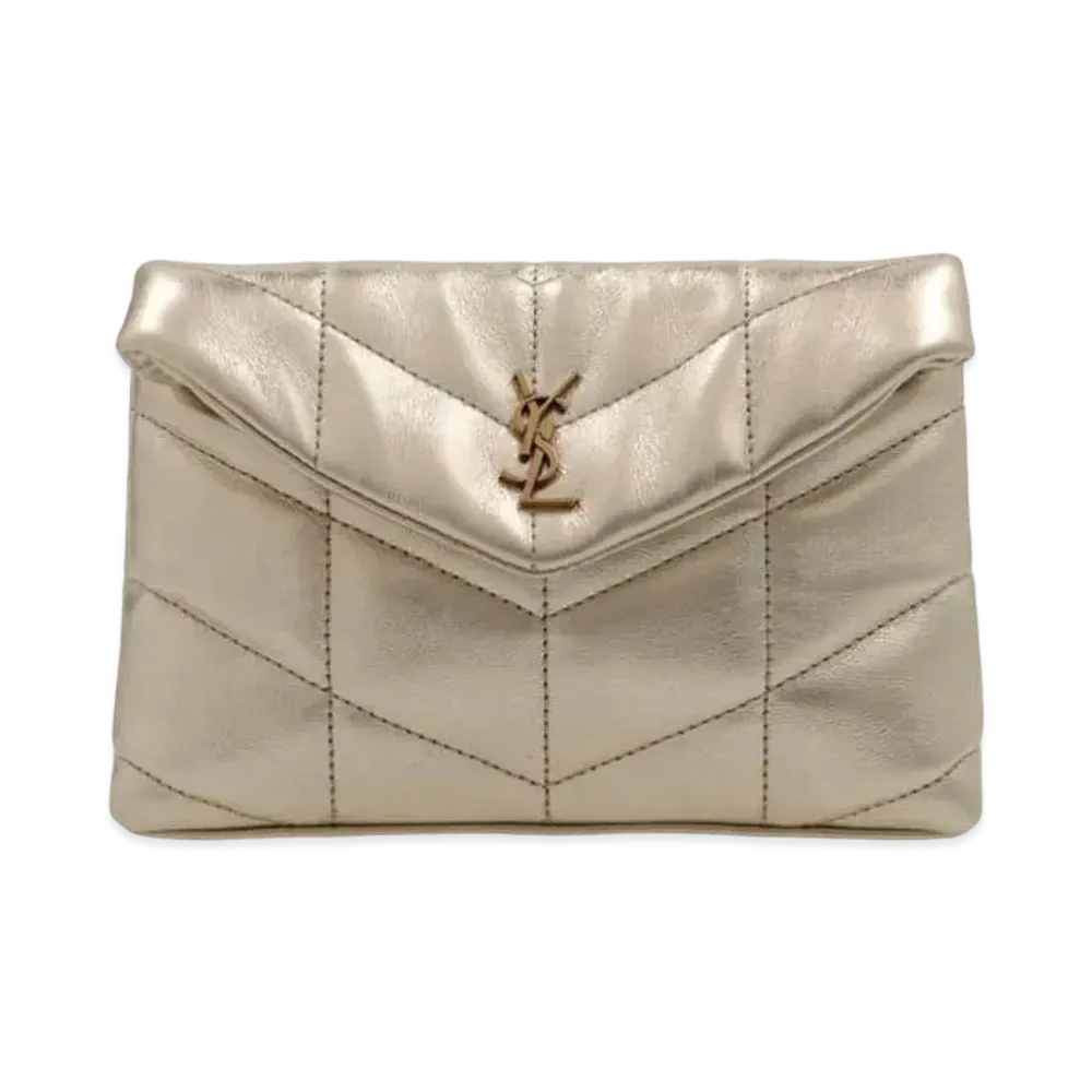 SAINT LAURENT Puffer Small Pouch In Quilted Lame Leather "Pale Gold/Black"