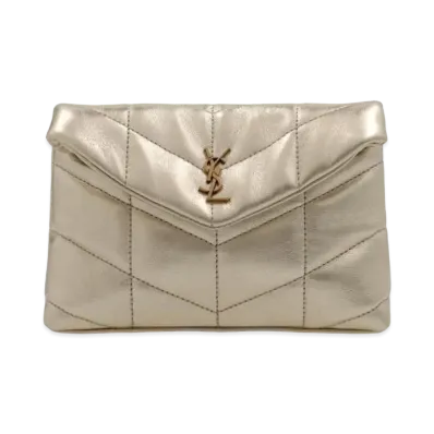 SAINT LAURENT Puffer Small Pouch In Quilted Lame Leather "Pale Gold/Black"