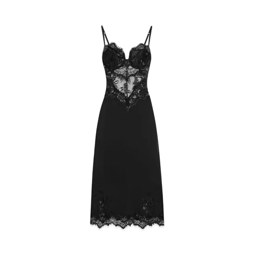 DOLCE&GABBANA Lace and Charmeuse Calf-Length Slip Dress "Black"