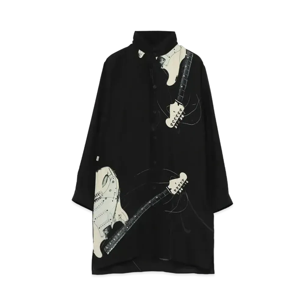 Yohji Yamamoto Pour Homme SILK SATIN ORIGINAL GUITAR PRINT STAND COLLAR BLOUSE "Black"