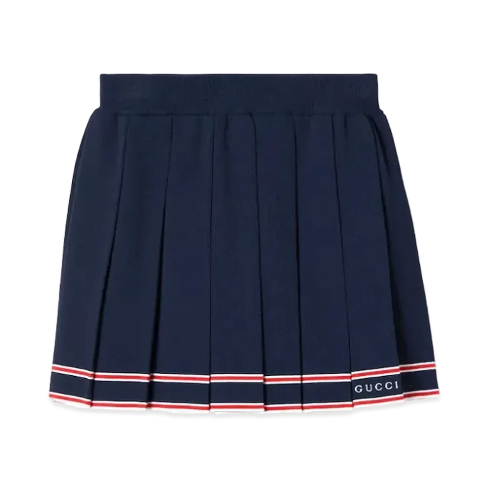GUCCI Pleated Skirt with Striped Trim "Dark Blue/Red/White"