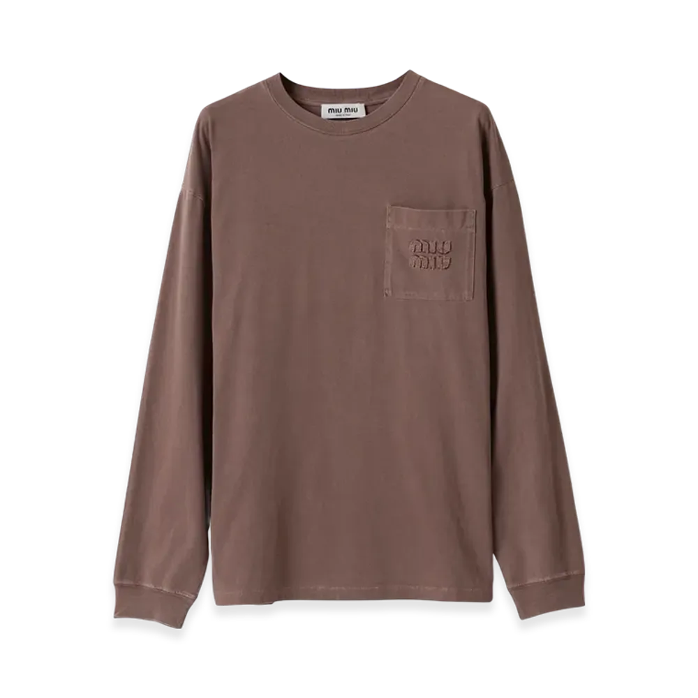 MIU MIU Long-Sleeve Garment-Dyed Jersey T-Shirt "Cocoa Brown"