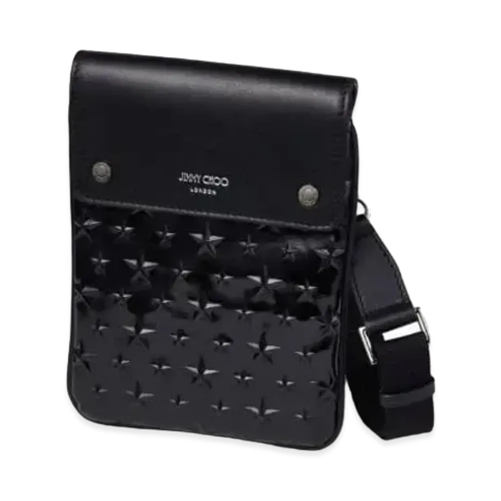 JIMMY CHOO KIMI MESSANGER Star Emboss Glossy Fabric Bag "Black"