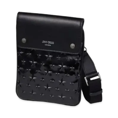 JIMMY CHOO KIMI MESSANGER Star Emboss Glossy Fabric Bag "Black"