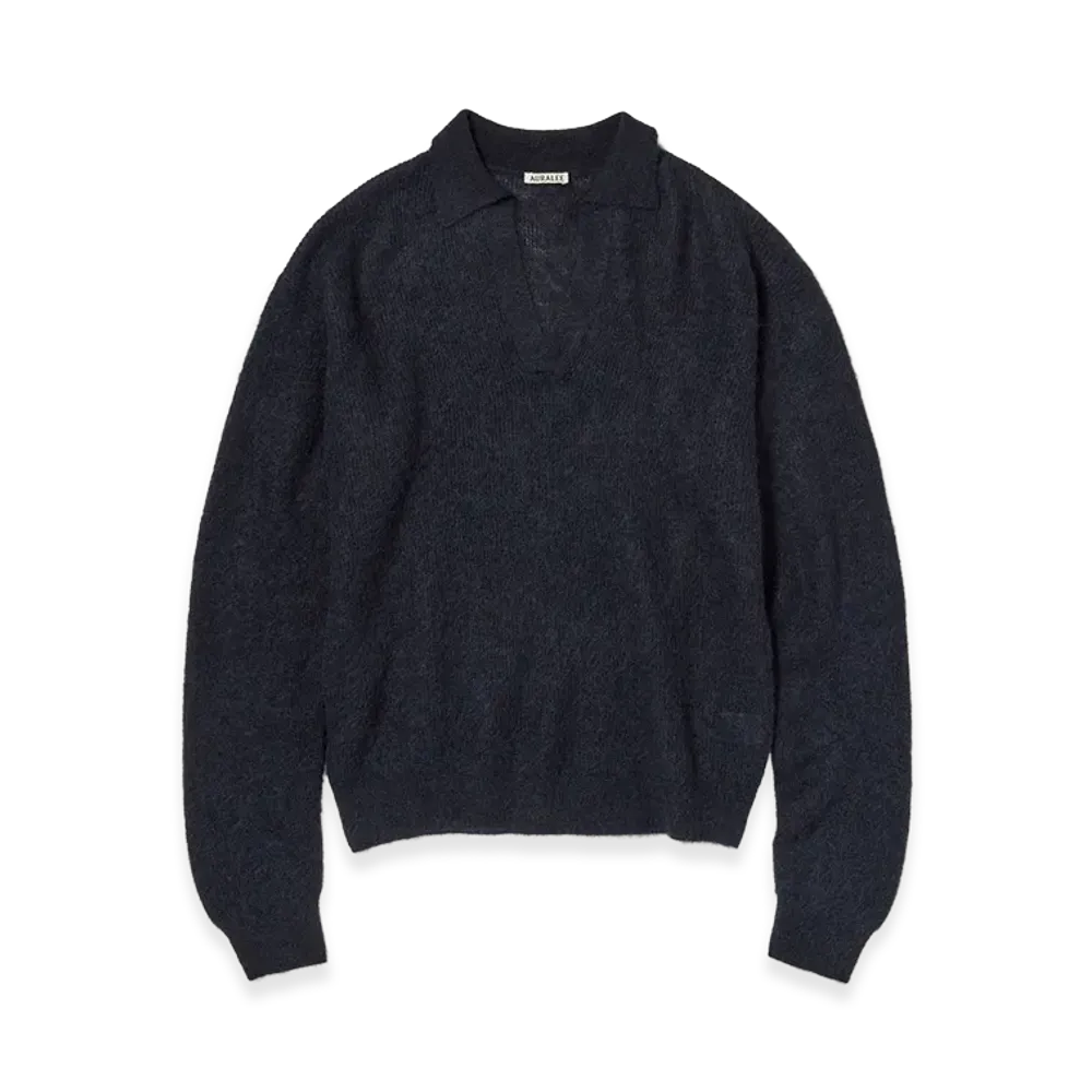 AURALEE Baby Suri Alpaca Sheer Knit Skipper Polo "Navy"