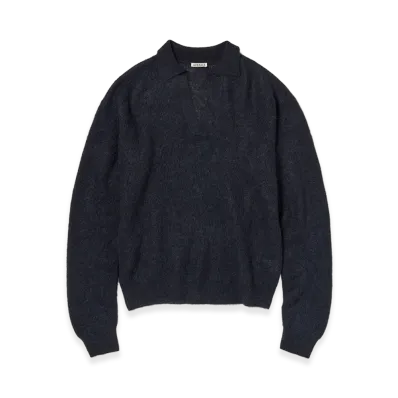 AURALEE Baby Suri Alpaca Sheer Knit Skipper Polo "Navy"