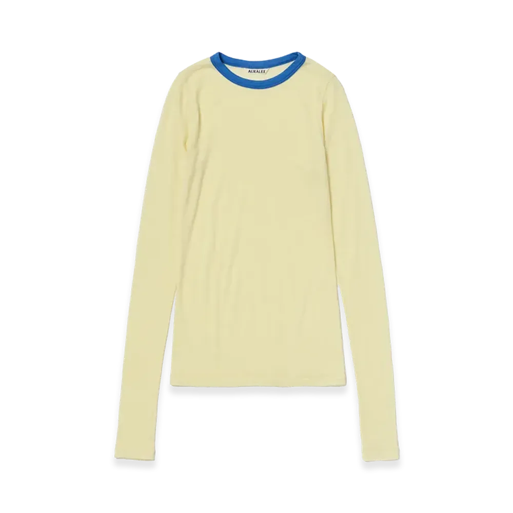 AURALEE Women's Fluffy Cashmere Nylon Jersey Ringer L/S Tee "Light Yellow"