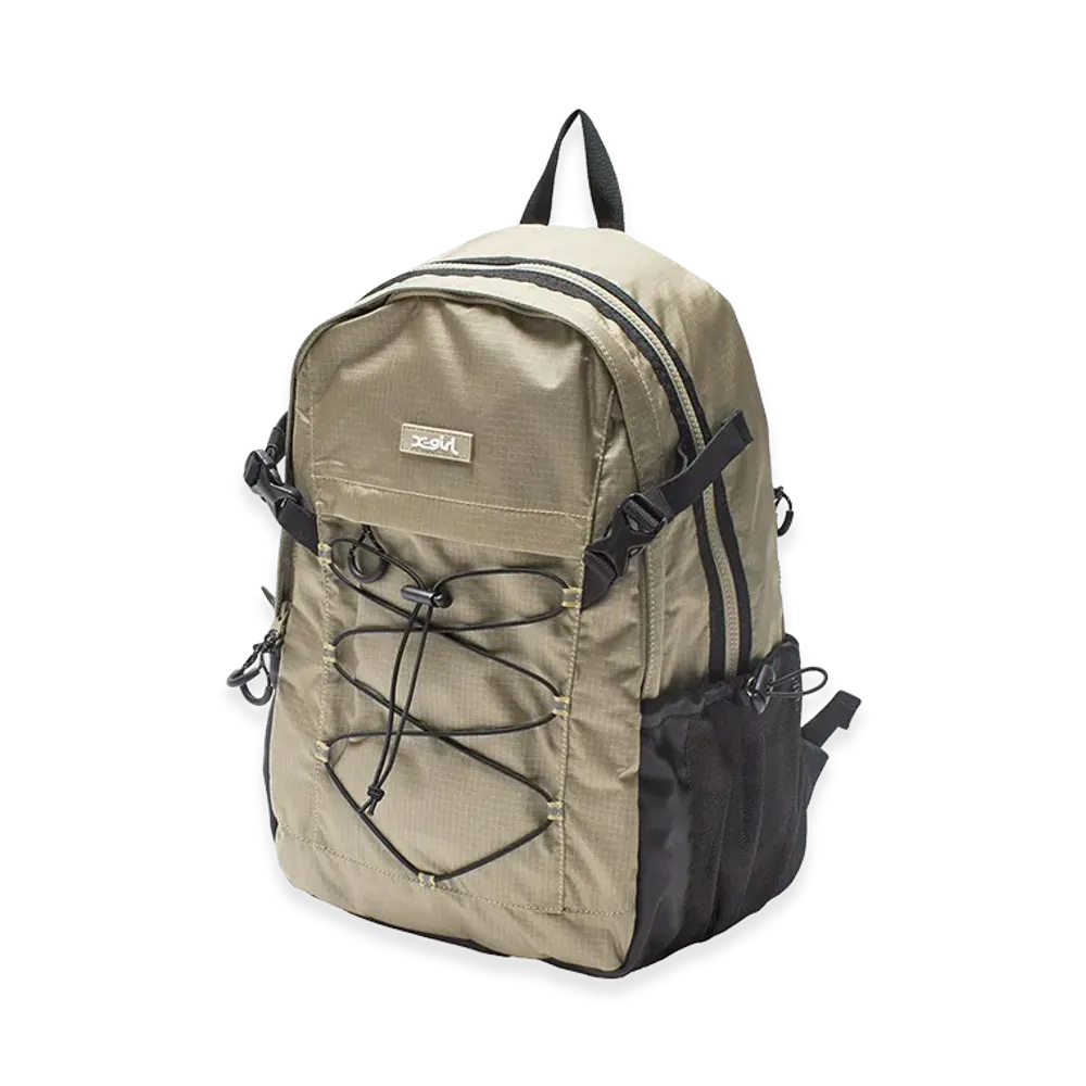 X-Girl Women's Mills Logo Rubber Patch Bungee Cord Backpack "Beige"
