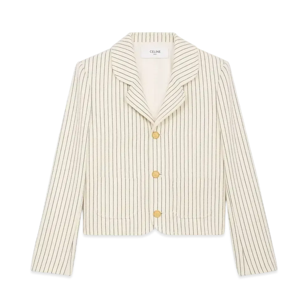 CELINE Women's Jacket in Striped Cotton Gabardine "Craie/Noir"