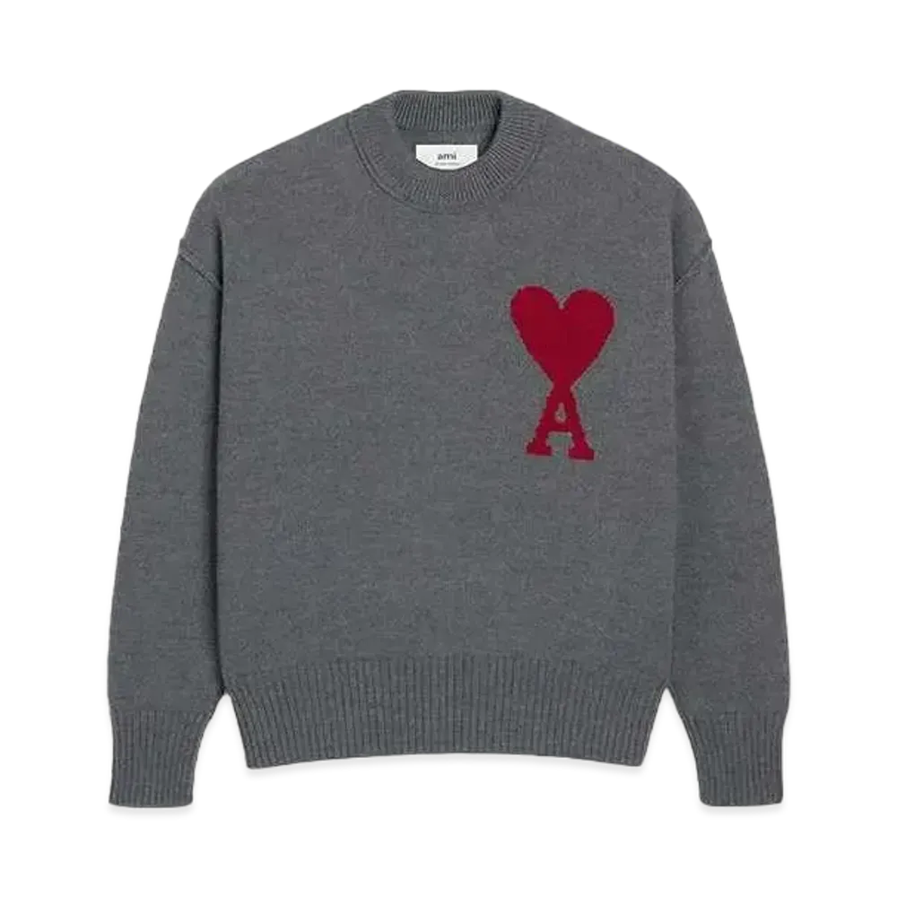 AMI PARIS Merino Wool Felt Sweater #1 "Heather Gray & Red"