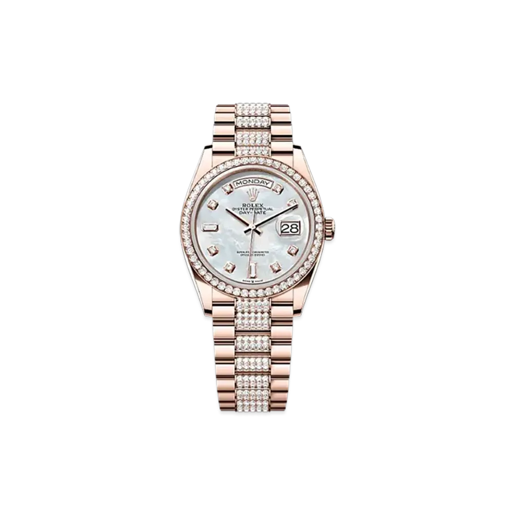 ROLEX Day-Date 36mm Everose Gold Diamond 128345RBR "White Mother-of-Pearl"
