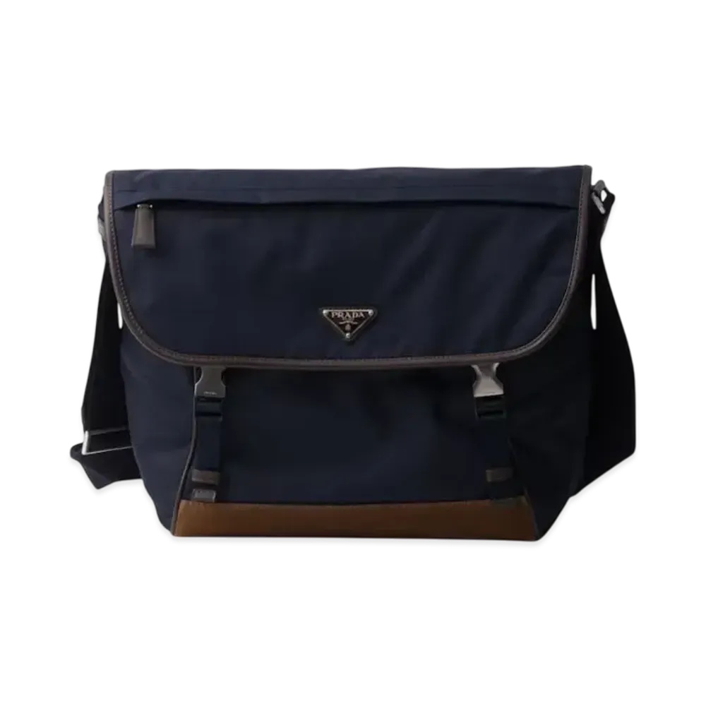 PRADA Small Re-Nylon and Leather Shoulder Bag "Navy/Dark Brown"