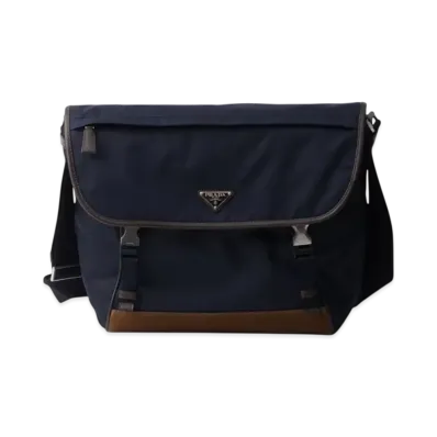 PRADA Small Re-Nylon and Leather Shoulder Bag "Navy/Dark Brown"