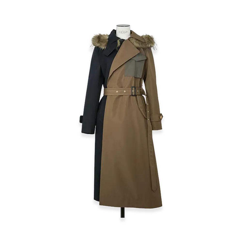 sacai Women's Wool Flannel x Taffeta Bonding Coat "CameLight Navy"