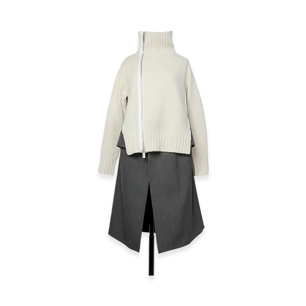sacai Stripe Doeskin x Wool Knit Coat Dress "Off White/Gray"