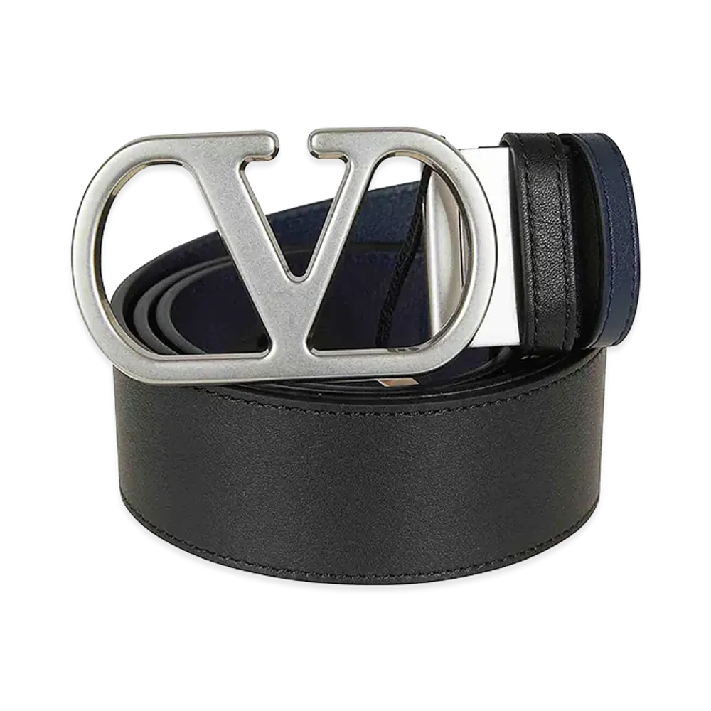 Valentino Belt H. 40 Reversibile V Logo Signature. Box Calf S./Vintage Palladium Logo "Black"