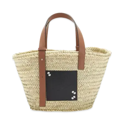 LOEWE x My Neighbor Totoro Dust Bunnies Small Basket Bag In Palm Leaf and Calfskin "Black/Tan"
