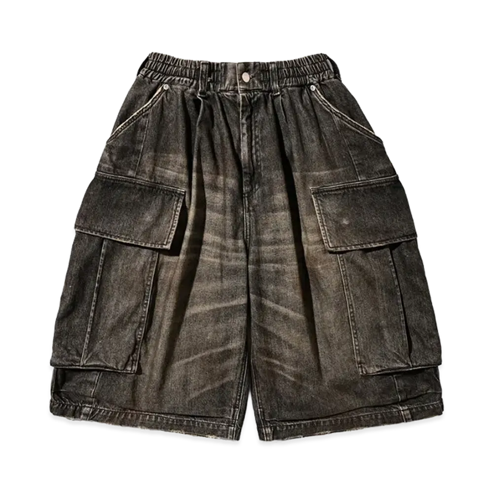 CLESSTE Vintage Dyed Selvedge Denim City Mega Pocket Balloon Cargo Half Pants "Vintage Black"