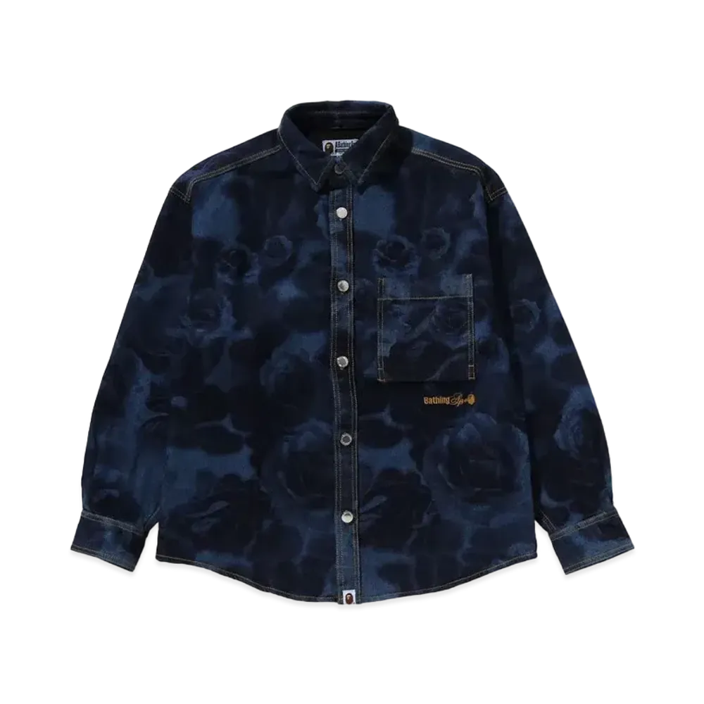 A BATHING APE Floral Camo Jacquard 13Oz Denim LS Shirt "Navy"