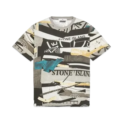 Stone Island 2NS88 COTTON JERSEY 'MIXED MEDIA ALL OVER' PRINT_SLIM FIT "Teal"