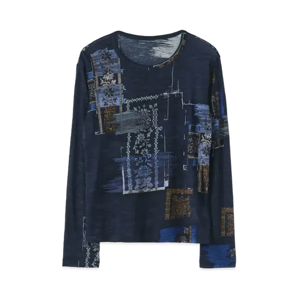 Yohji Yamamoto Y's VINTAGE SCRAP PRINT ROUND-NECKED COLLAR LONG SLEEVE T-SHIRT "Navy"