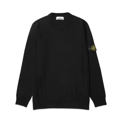 Stone Island Light Pure RWS Wool Crew Neck Sweater With Ribbed Detail "Black"