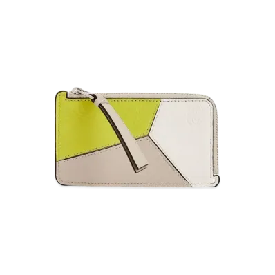 LOEWE Puzzle Coin Cardholder In Classic Calfskin "Lime Yellow/Light Oat"